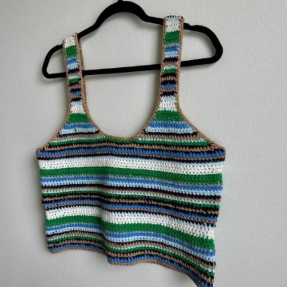 Frame Hand Crochet Tank Womens Large Green Blue White Brown Striped Knit Top - Picture 2 of 7